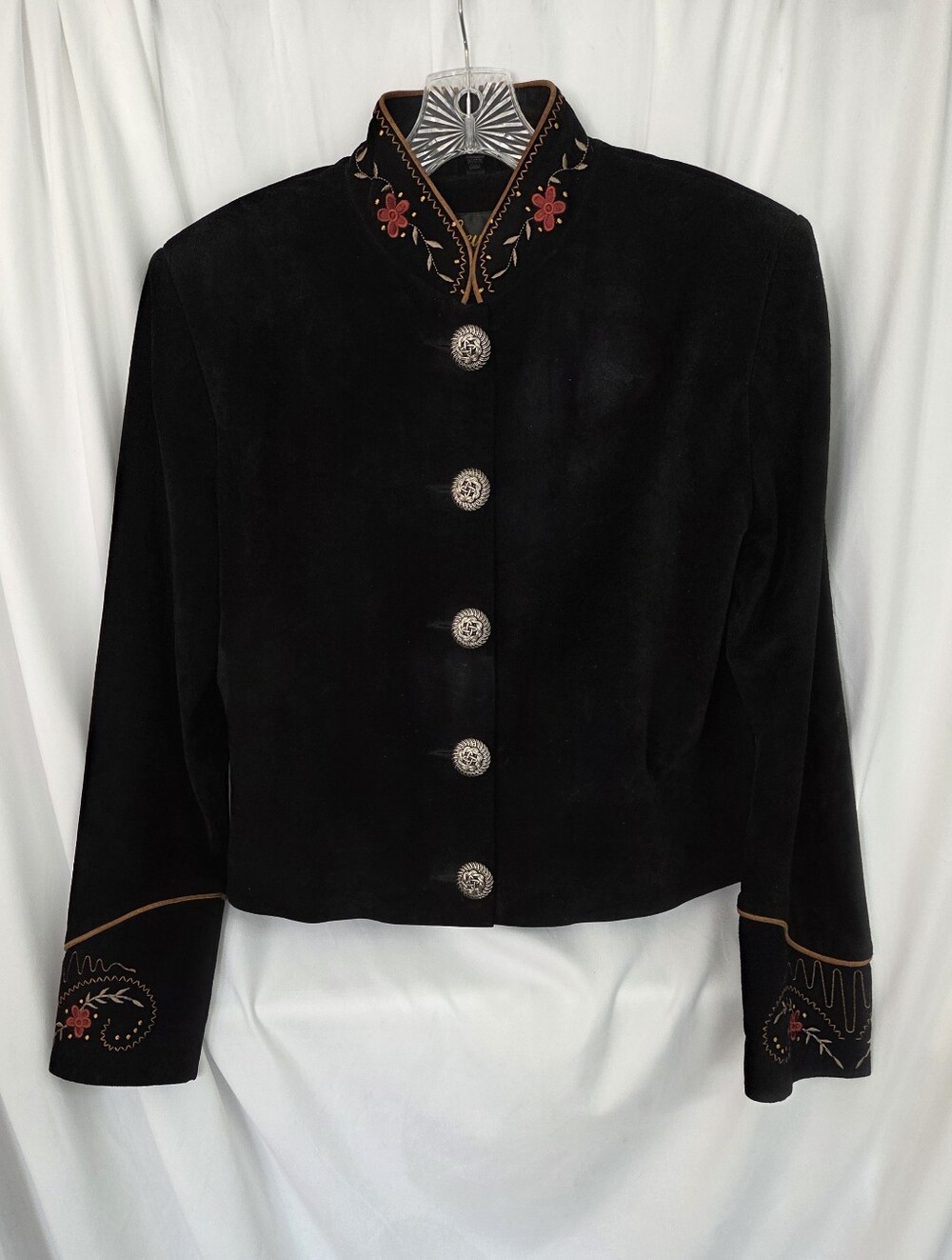 Sully Suede Black Embroidered Jacket 100% Leather Size 12